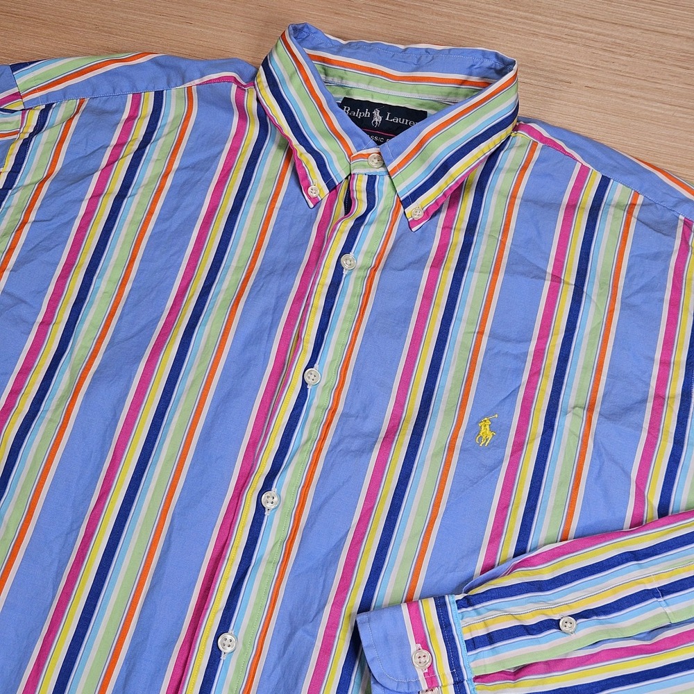 Ralph‎ Lauren Button Down Men XL Blue Striped Classic Fit Long Sleeve Shirt